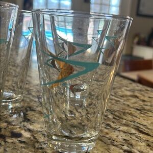 Vintage MCM Cocktail Drinking Glasses Atomic Design Gold Turquoise Set 6